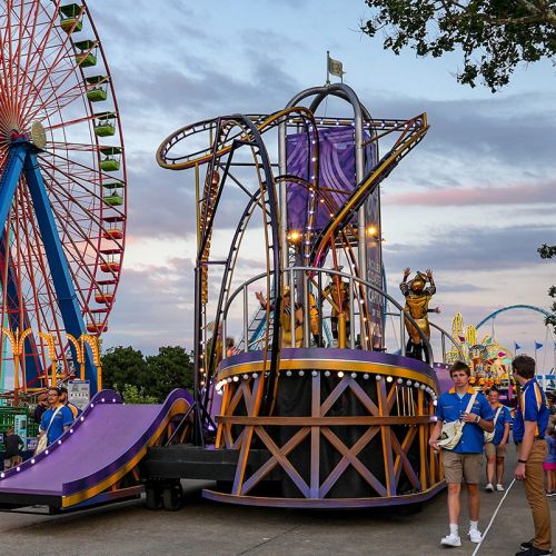 A rollercoaster themed parade float