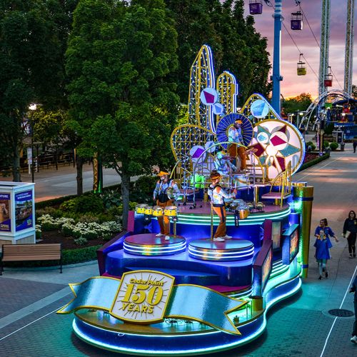 A festive parade float with bright colors and lights