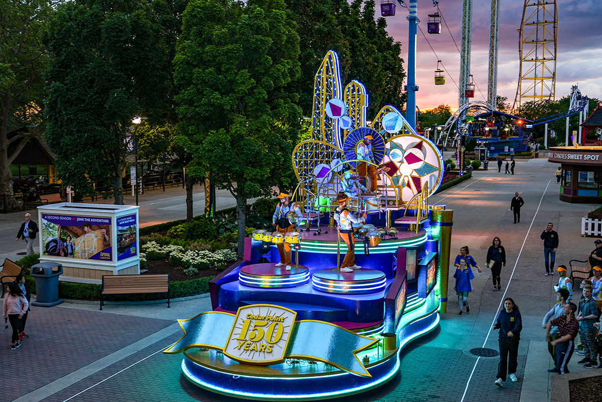 A festive parade float with bright colors and lights