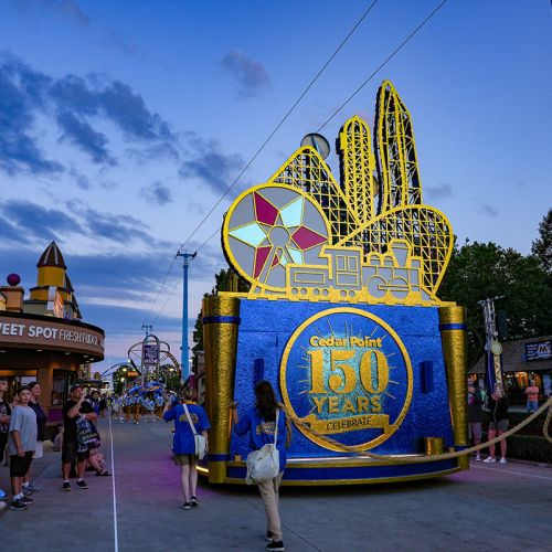 A Cedar Point themed parade float celebrating 150 years