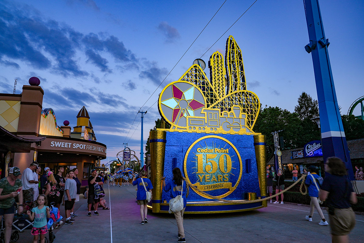 A Cedar Point themed parade float celebrating 150 years