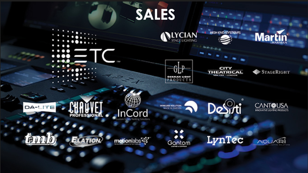 Logos for many prominent gear manufacturers laid out with sound equipment in the background and a text overlay, Sales